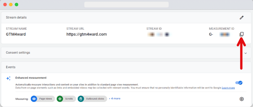 Screenshot of web stream details page of a google analytics account