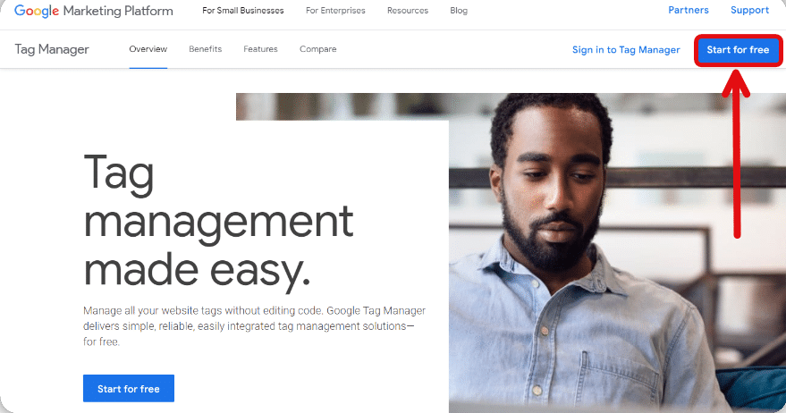 'Start for free' button highlighted in google tag manager homepage