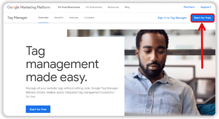 'Start for free' button highlighted in google tag manager homepage