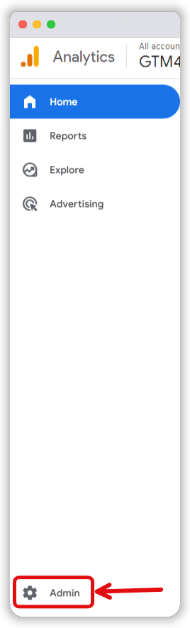 'admin' section of a google analytics section
