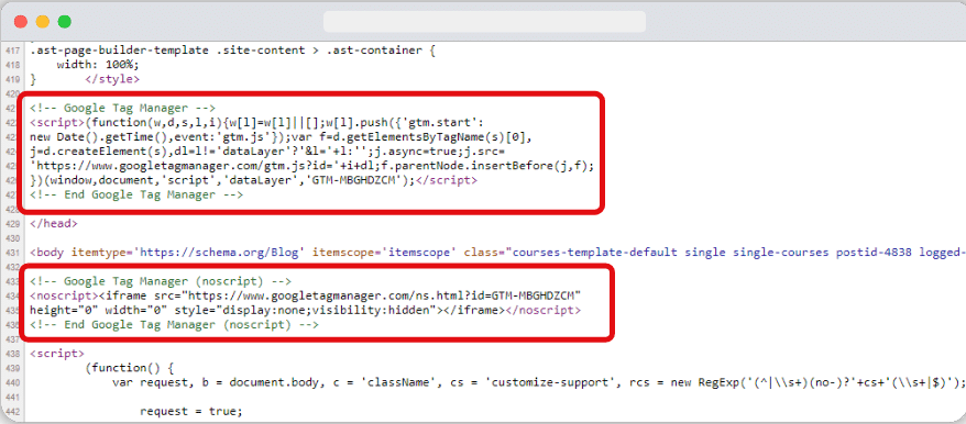 both the script & noscript code snippet highlightened from the page source view of a site