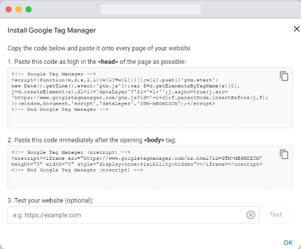 code snippet to install google tag manager on a website