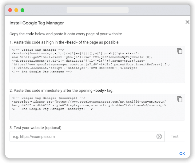 code snippet to install google tag manager on a website
