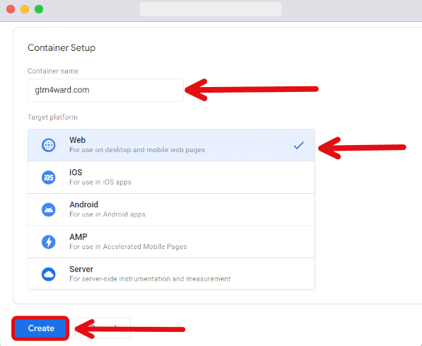 'container setup' section in the gtm account creation page