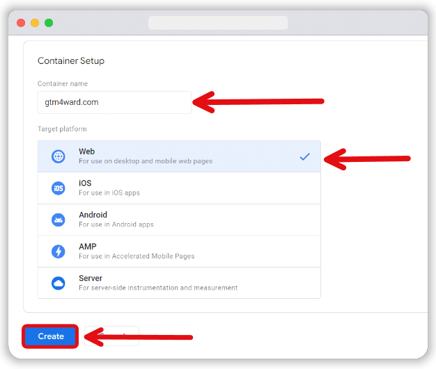 'container setup' section in the gtm account creation page