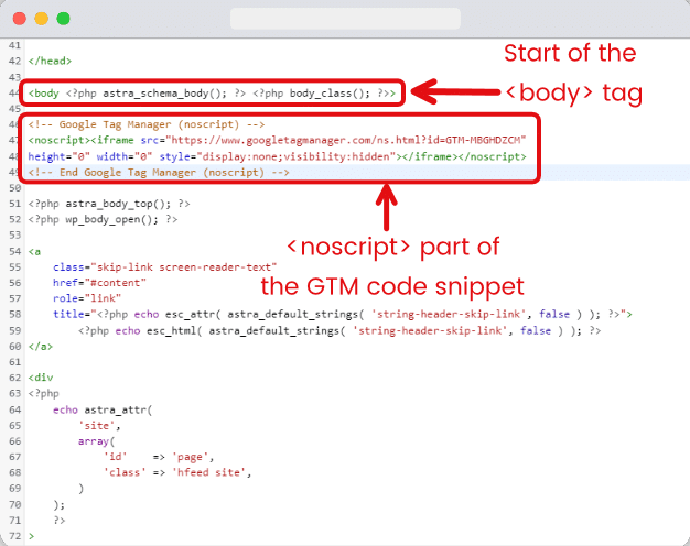 noscript part highlighted of the GTM code snippet in the body section of a site