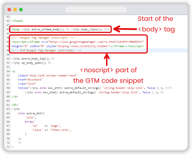 noscript part highlighted of the GTM code snippet in the body section of a site 