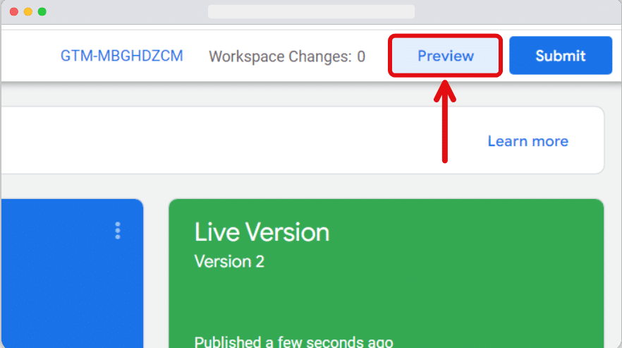 preview option hightlighted of a gtm account