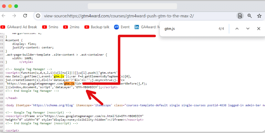 searching the page source of a website for 'gtag.js' to verity gtm installation