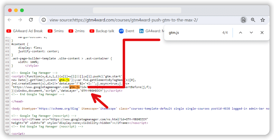 searching the page source of a website for 'gtag.js' to verity gtm installation