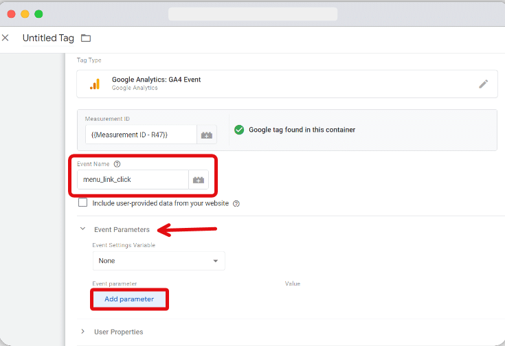 'Add parameter' button highlighted in the event parameters section