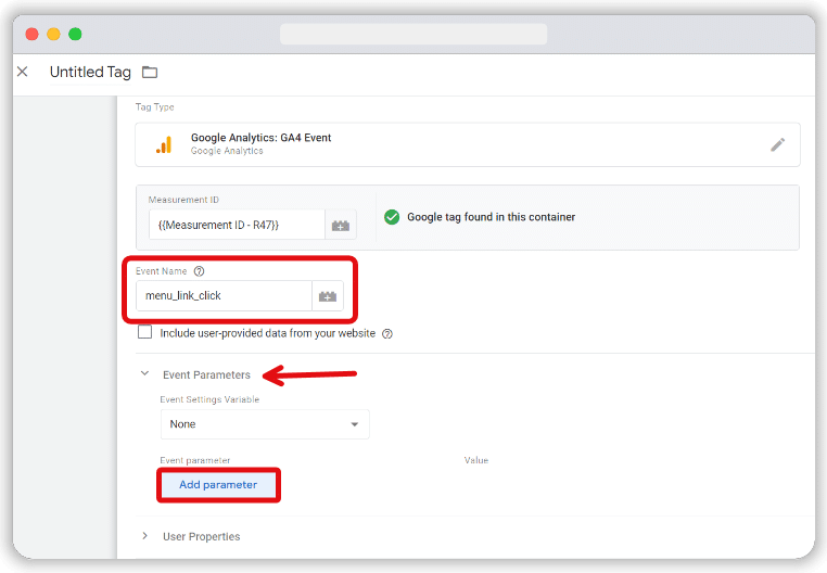 'Add parameter' button highlighted in the event parameters section