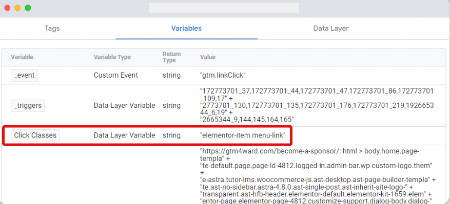 'Click Classes' variables of a Link Click event highlighted 