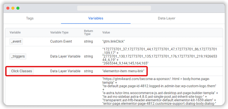 'Click Classes' variables of a Link Click event highlighted 