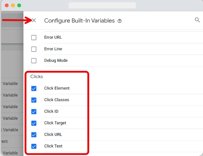 Clicks variables are highlighted from the built-in variables list