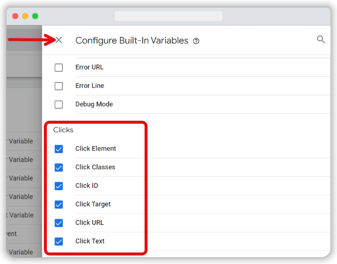 Clicks variables are highlighted from the built-in variables list