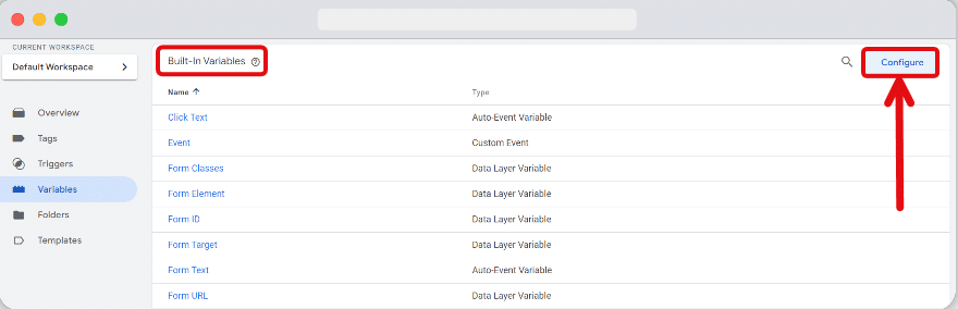 'Configure' button on the variables page of GTM highlighted
