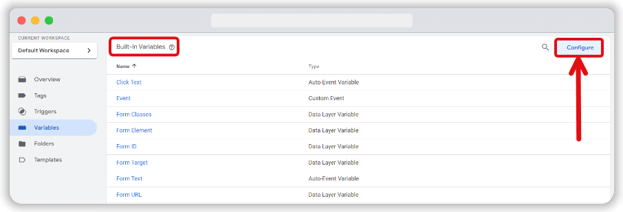 'Configure' button on the variables page of GTM highlighted