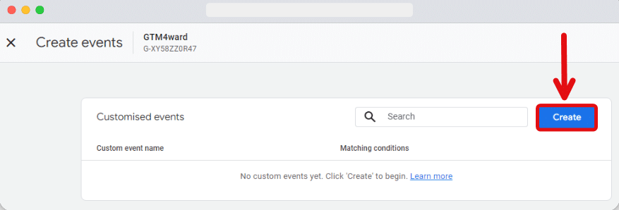 'Create' button highlighted which is used to create custom events in ga4