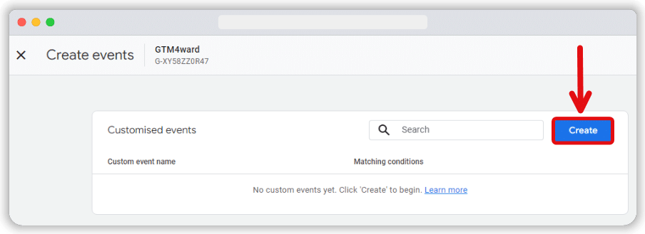 'Create' button highlighted which is used to create custom events in ga4