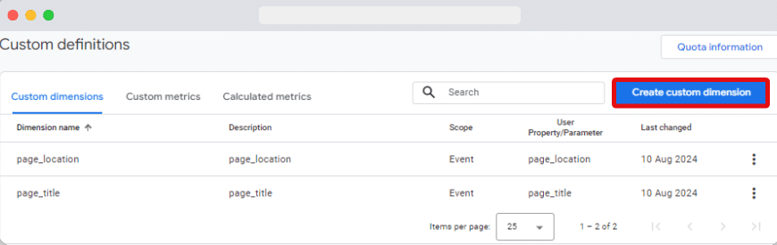 'Create custom definitions' button highlighted in admin section of ga4