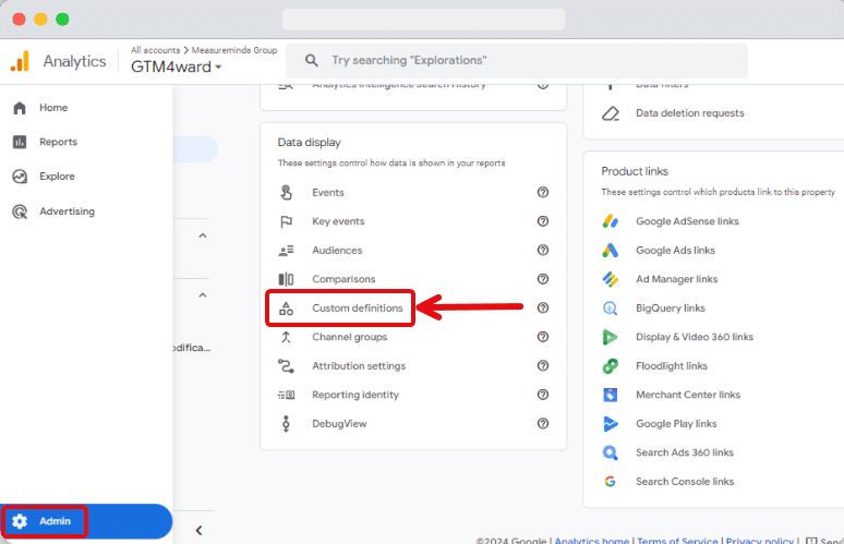 'Custom definitions' inside ga4 admin section highlighted