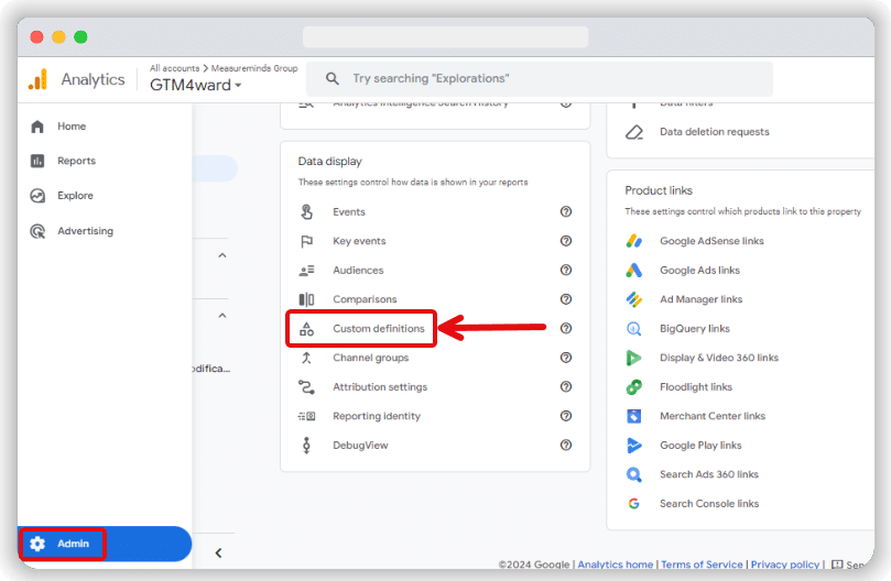 'Custom definitions' inside ga4 admin section highlighted