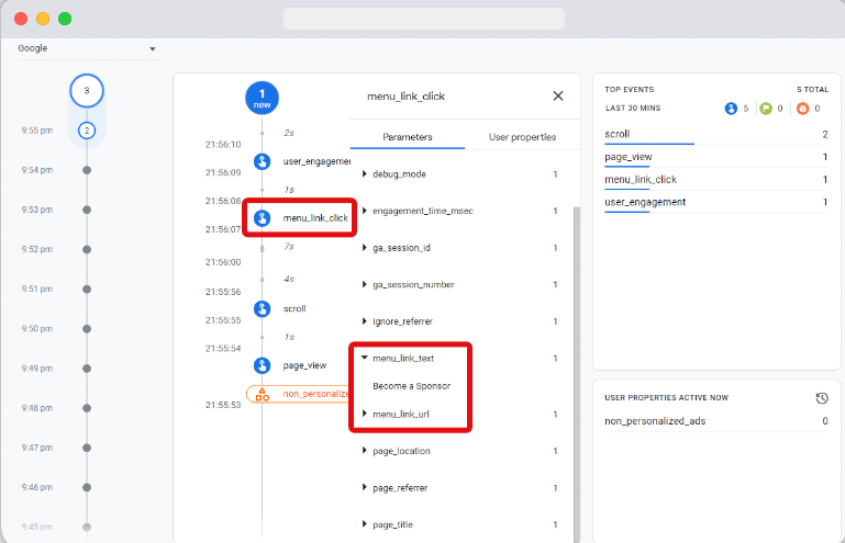 Custom event's highlighted in debugview of a ga4 account
