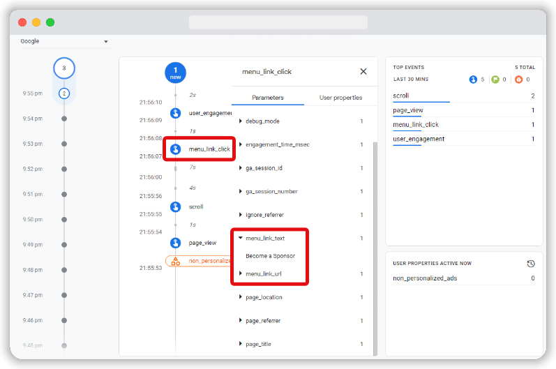 Custom event's highlighted in debugview of a ga4 account