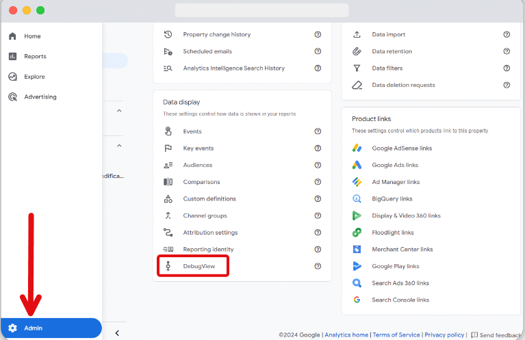 DebugView feature highlighted in a ga4 admin section