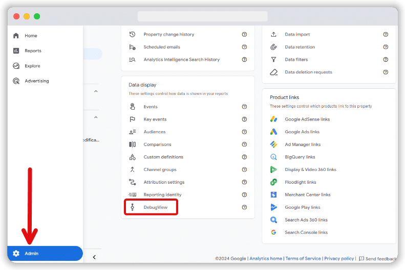 DebugView feature highlighted in a ga4 admin section