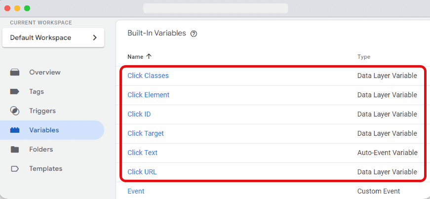 Enabled clicks variables showing up in built-in variables list in a gtm account