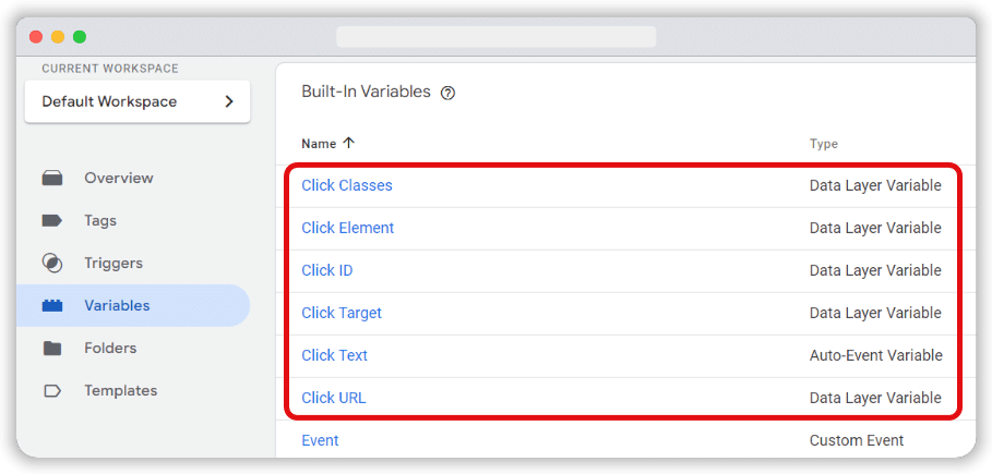 Enabled clicks variables showing up in built-in variables list in a gtm account