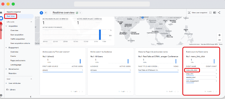 'Event count by Event name' card in the real-time report 