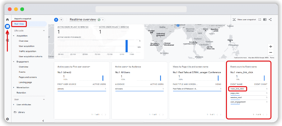 'Event count by Event name' card in the real-time report 