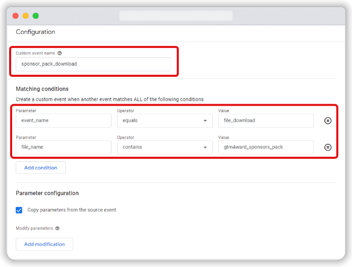 Event name & parameters highlighted of a custom event in ga4