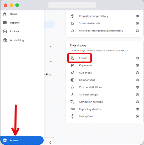 'Events' option inside google tag manager admin section