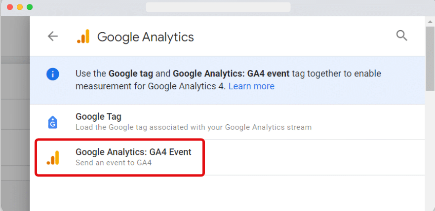 'GA4 event' tag type highlighted