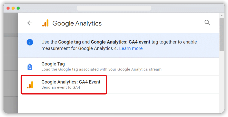 'GA4 event' tag type highlighted