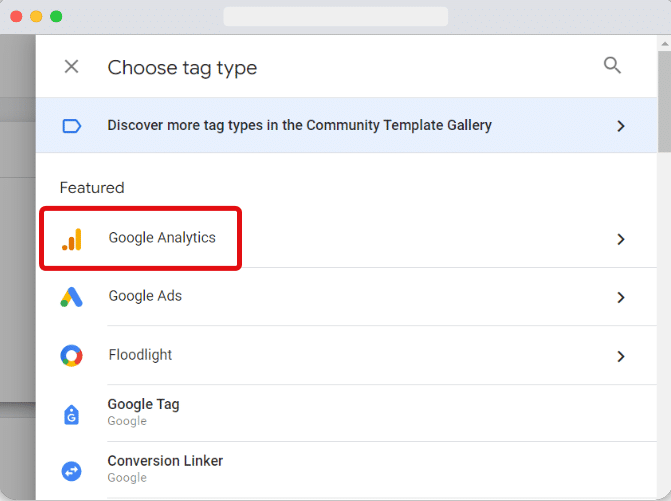 'Google analytics' tag type highlighted in the tag list