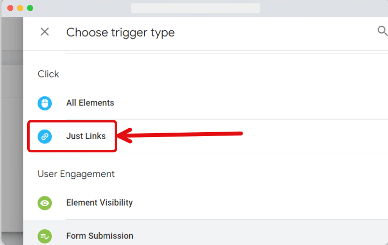 'Just links' trigger type highlighted from the trigger type list
