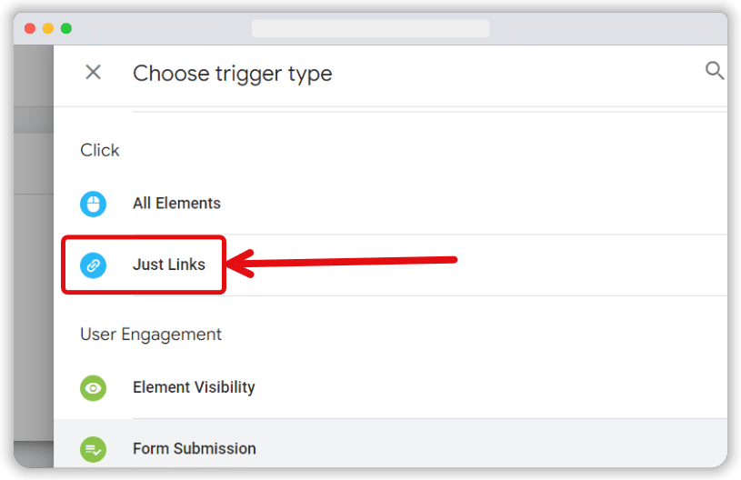 'Just links' trigger type highlighted from the trigger type list