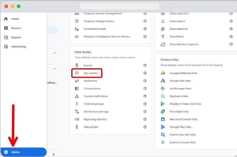'Key events' highlighted in the admin section of a ga4 account