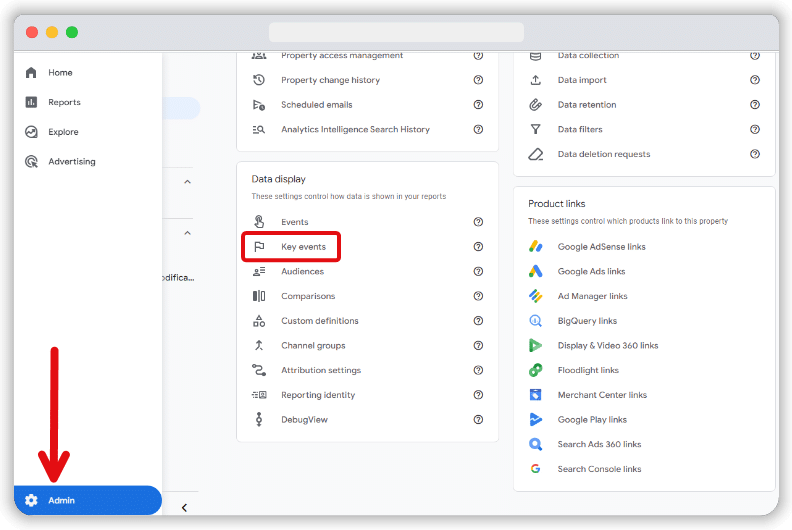 'Key events' highlighted in the admin section of a ga4 account