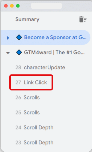 'Link Click' event highlighted in the tag assistant view for a site