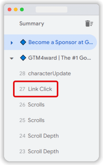 'Link Click' event highlighted in the tag assistant view for a site