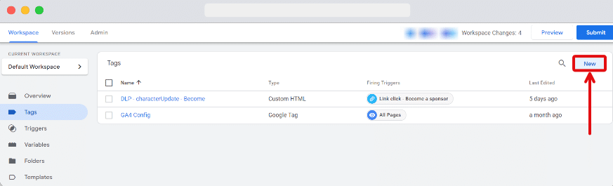 'New' button for creating new tags highlighted