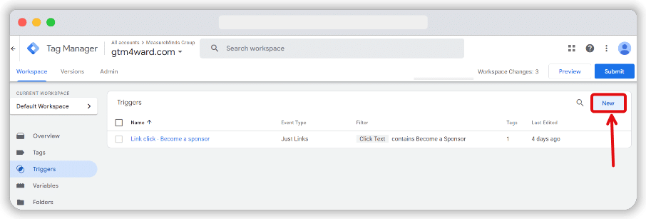 'New' button highlighted in the Trigger page of a gtm account