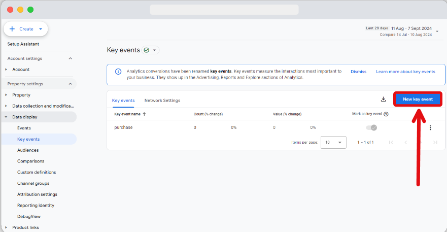 'New key event' button highlighted from the key events creation page