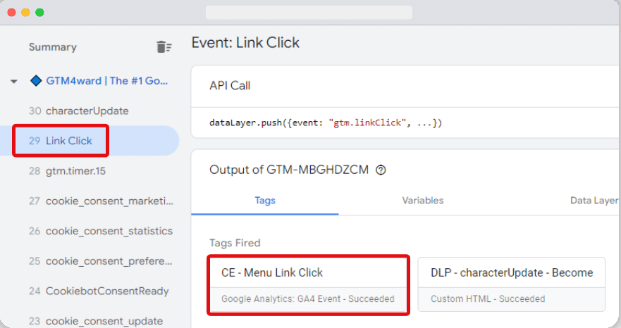 One of the fired tag highlighted of a tag assistant preview page